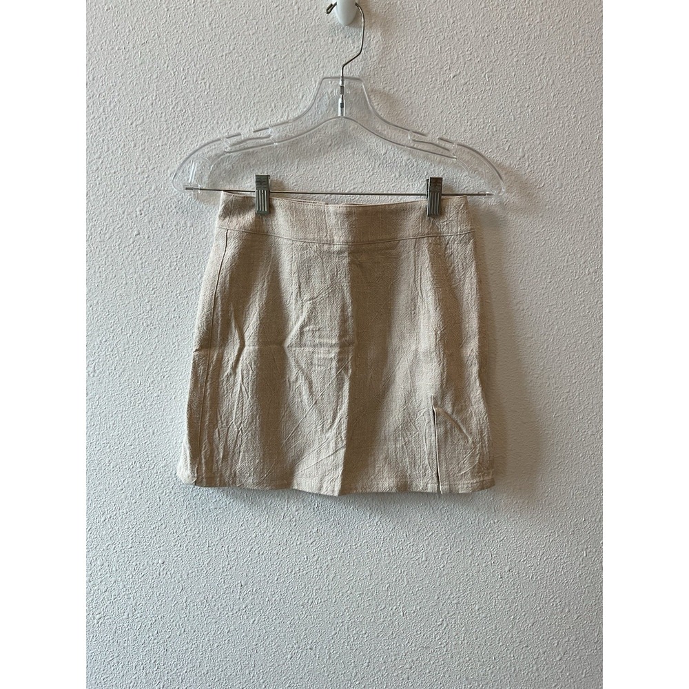 Lioness Linen Blend Mini Skirt Womens XS Oatmeal Beige Front Slit High Waist